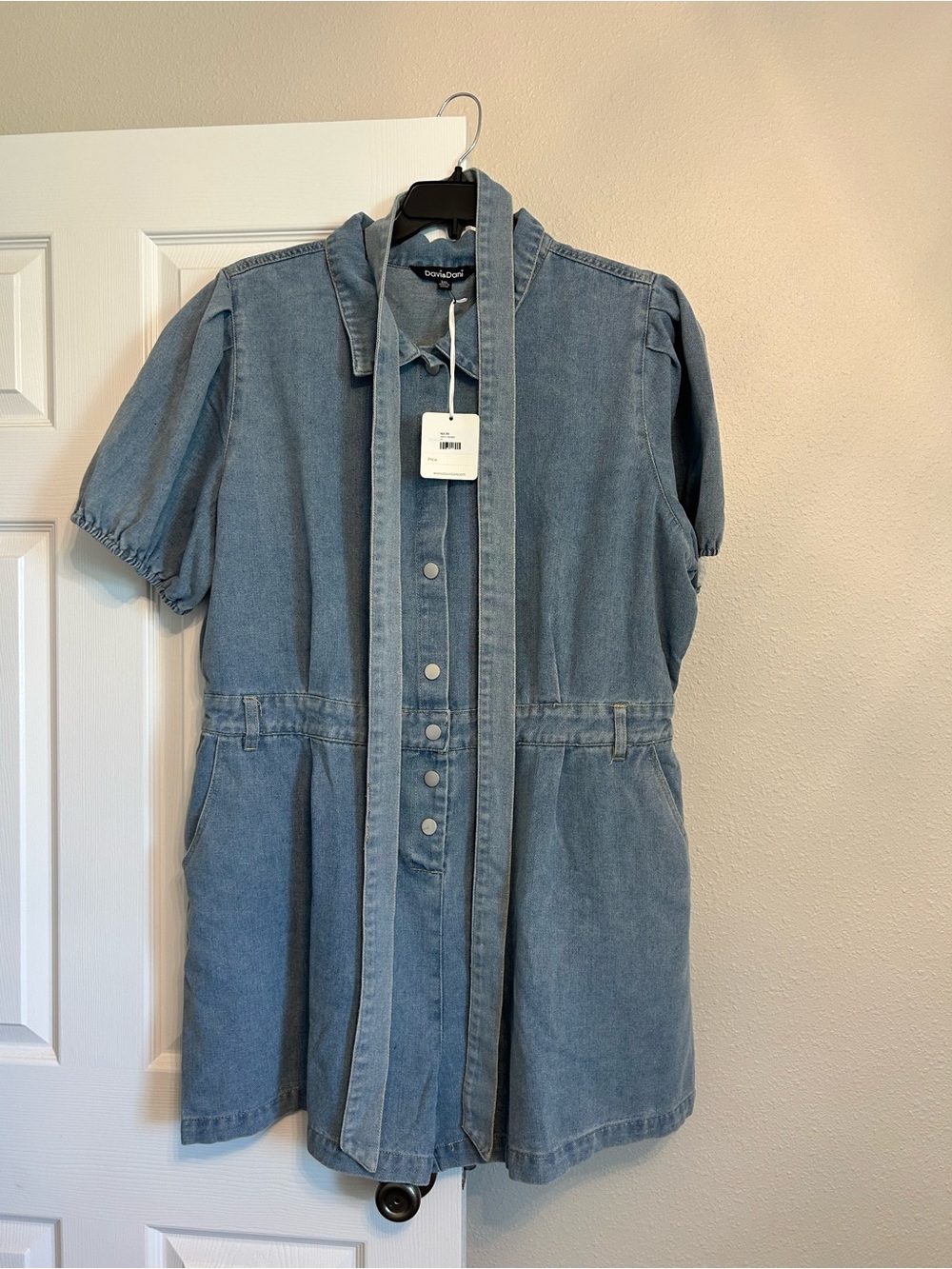 Light Blue Denim Short Sleeve Romper with Waist Tie